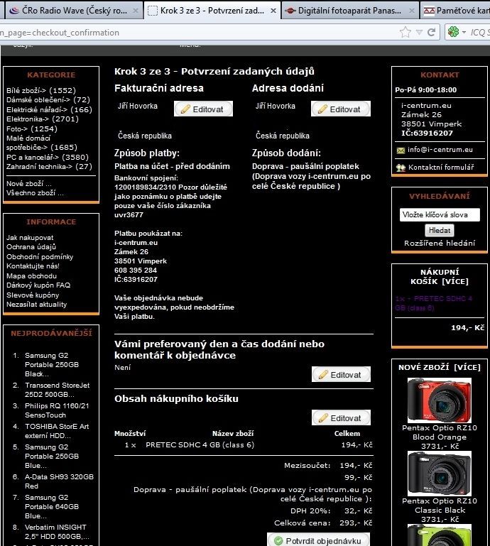 Podvodný eshop - rekapitulace objednávky