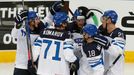 Finland's Petri Kontiola (C) celebrates his goal against Latvia with team mates Juuso Hietanen (L), Leo Komarov (2nd L), Tuukka Mantyla (2nd R) and Jori Lehtera (R) durin