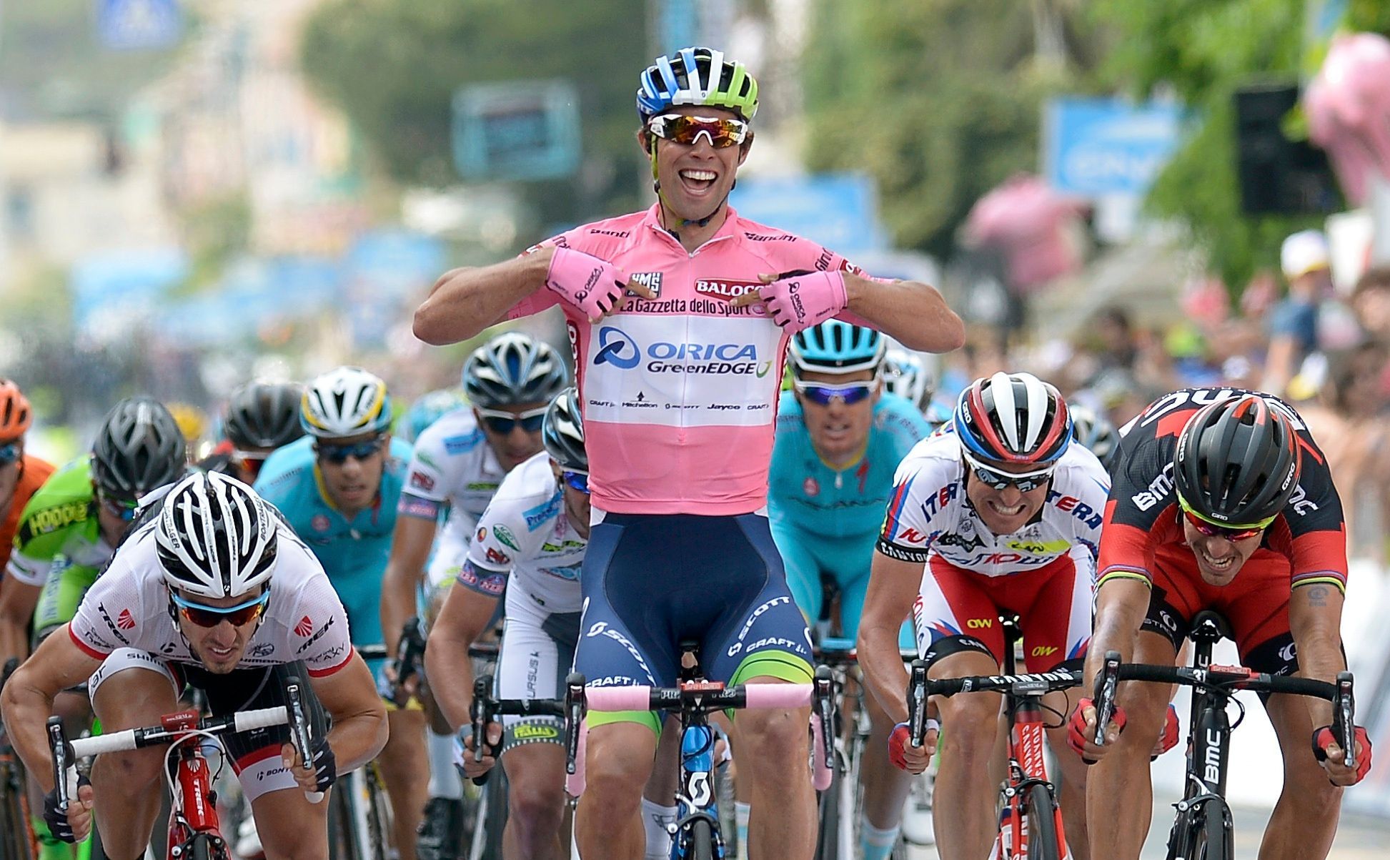 Orica Greenedge rider Matthews celebrates after crossing the finish line of the third stage of the 98th Giro d'Italia cycling race