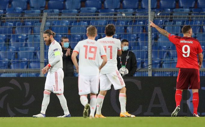 Soccer Football - UEFA Nations League - League A - Group 4 - Switzerland v Spain - St. Jakob-Park, Basel, Switzerland - November 14, 2020 Spain's Sergio Ramos reacts afte