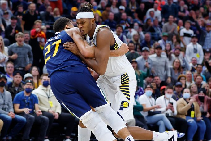 Nov 11, 2021; Salt Lake City, Utah, USA; Utah Jazz center Rudy Gobert (27) and Indiana Pacers center Myles Turner (33) get into a fight in the fourth quarter resulting in