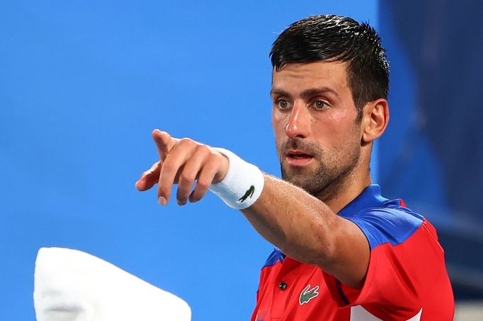 Tokyo 2020 Olympics - Tennis - Men's Singles - Semifinal - Ariake Tennis Park - Tokyo, Japan - July 30, 2021. Novak Djokovic of Serbia reacts during his semifinal match a