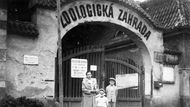 Vchod do zoo (kolem roku 1958). V počátcích fungování se do zoologické zahrady vcházelo z tehdejší ulice Z. Nejedlého (dnes Štefánikova). Dnes je tento vchod opatřen automatickou bránou a slouží pouze pro provozní účely zoo.