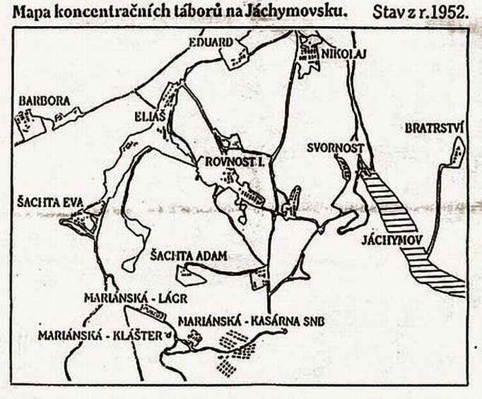 Mapa jáchymovských lágrů podle leteckých snímků z roku 1952.