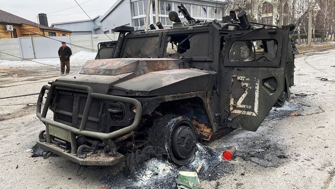 Zničená vojenská vozidla ruské armády v Charkově. 28. 2. 2022