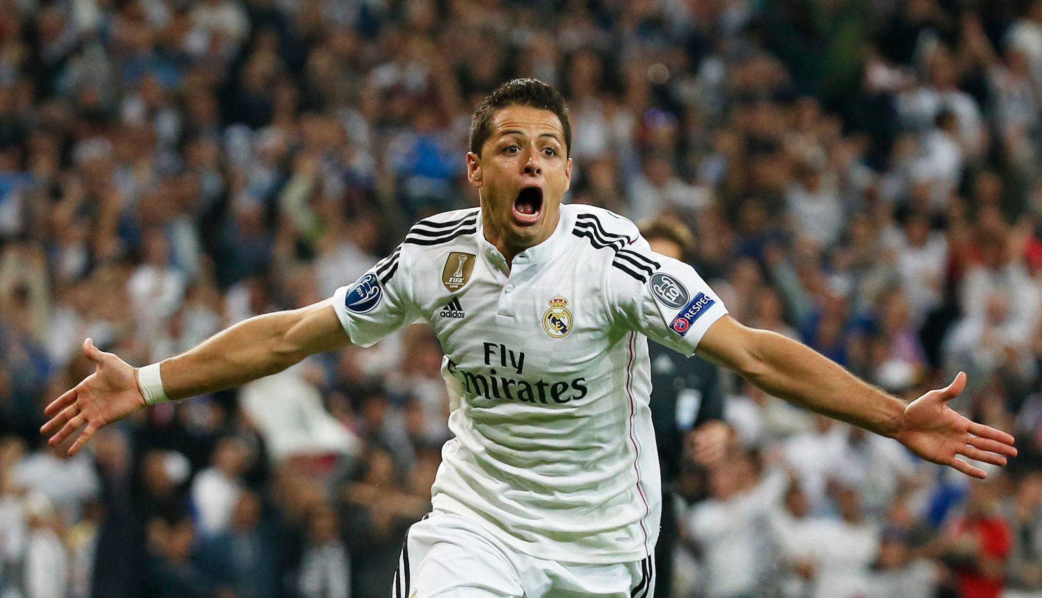 Football: Javier Hernandez celebrates after scoring the first goal for Real Madrid
