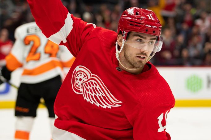 Filip Zadina z Detroitu slaví gól v zápase NHL s Philadelphií