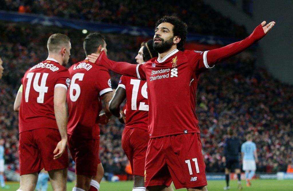 Mohamed Salah slaví branku Liverpoolu proti Manchesteru City v Lize mistrů