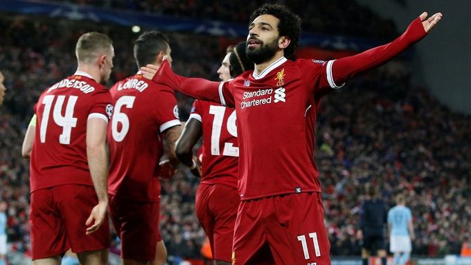 Mohamed Salah slaví branku Liverpoolu proti Manchesteru City v Lize mistrů