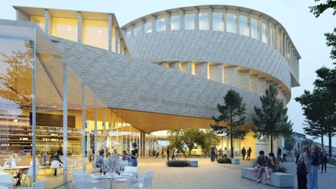 Nová budova Moravského židovského muzea Mehrin v Brně (na vizualizaci) se bude za několik let stavět podle návrhu japonského studia Kengo Kuma & Associates.