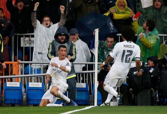 Real Madrid's Cristiano Ronaldo celebrates scoring their third goal and his hat-trick