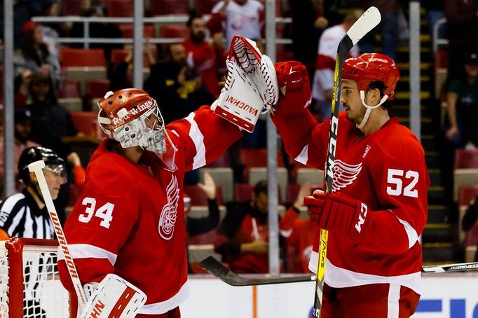 Petr Mrázek a Jonathan Ericsson z Detroitu Red Wings