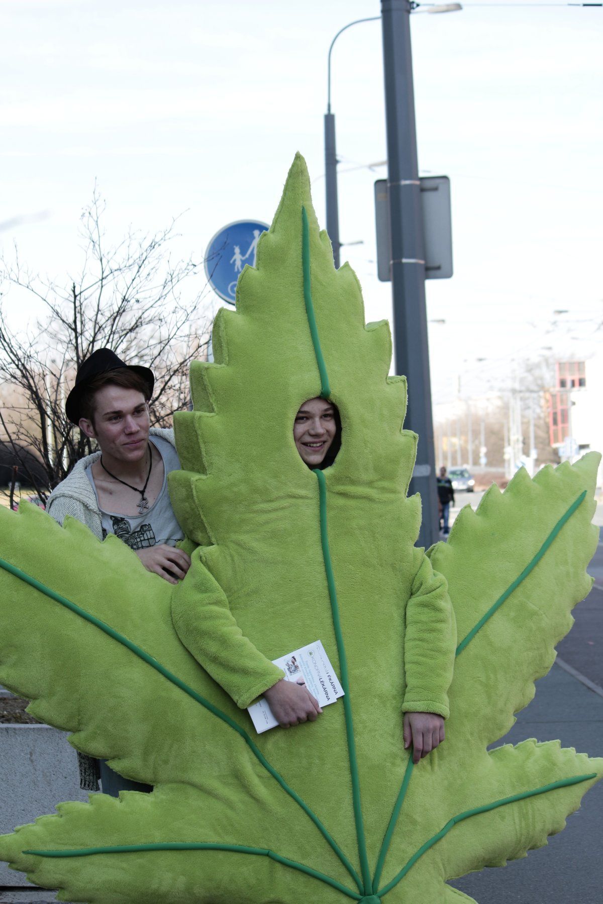 Brigáda - student převlečený za konopí