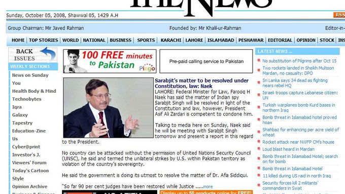 Internetové stránky The News International, Pakistan.