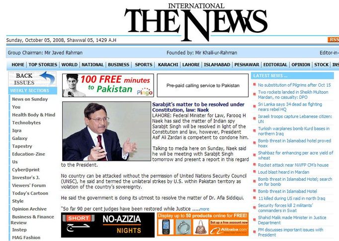 Internetové stránky The News International, Pakistan.