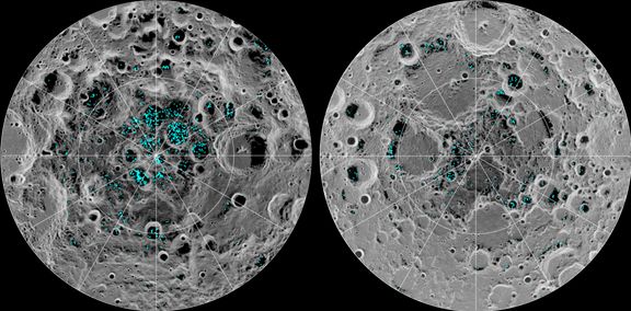 Modrou barvou je znázorněn led na pólech Měsíce.