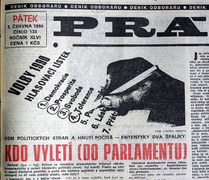 První volby po pádu komunismu se konaly 8. a 9. června 1990. Ilustrace z titulní strany deníku Práce vystihuje, v jaké atmosféře probíhaly. Práce, pátek 8. června 1990