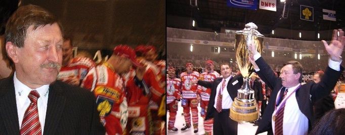 Vladimír Martinec potřetí ve své kariéře zvedá s Pardubicemi nad hlavu trofej pro mistra extraligy (2004/2005).