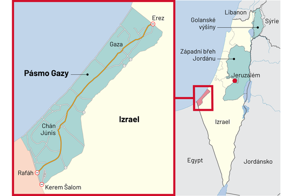Mapa ukazuje sousední státy Izraele a Pásmo Gazy.