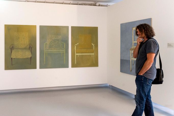Na snímku z nové výstavy Galerie Emila Filly jsou obrazy Martina Velíška.