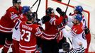 Players of the Czech Republic and Canada fight during the third period of their men's ice hockey World Championship group A game against Canada at Chizhovka Arena in Mins