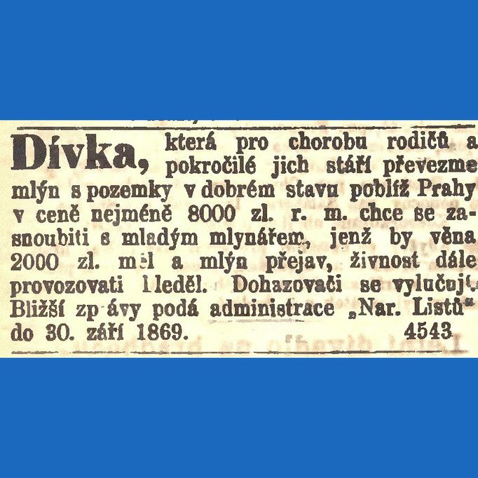 Dobový seznamovací inzerát, který vyšel v novinách Národní listy v roce 1869.