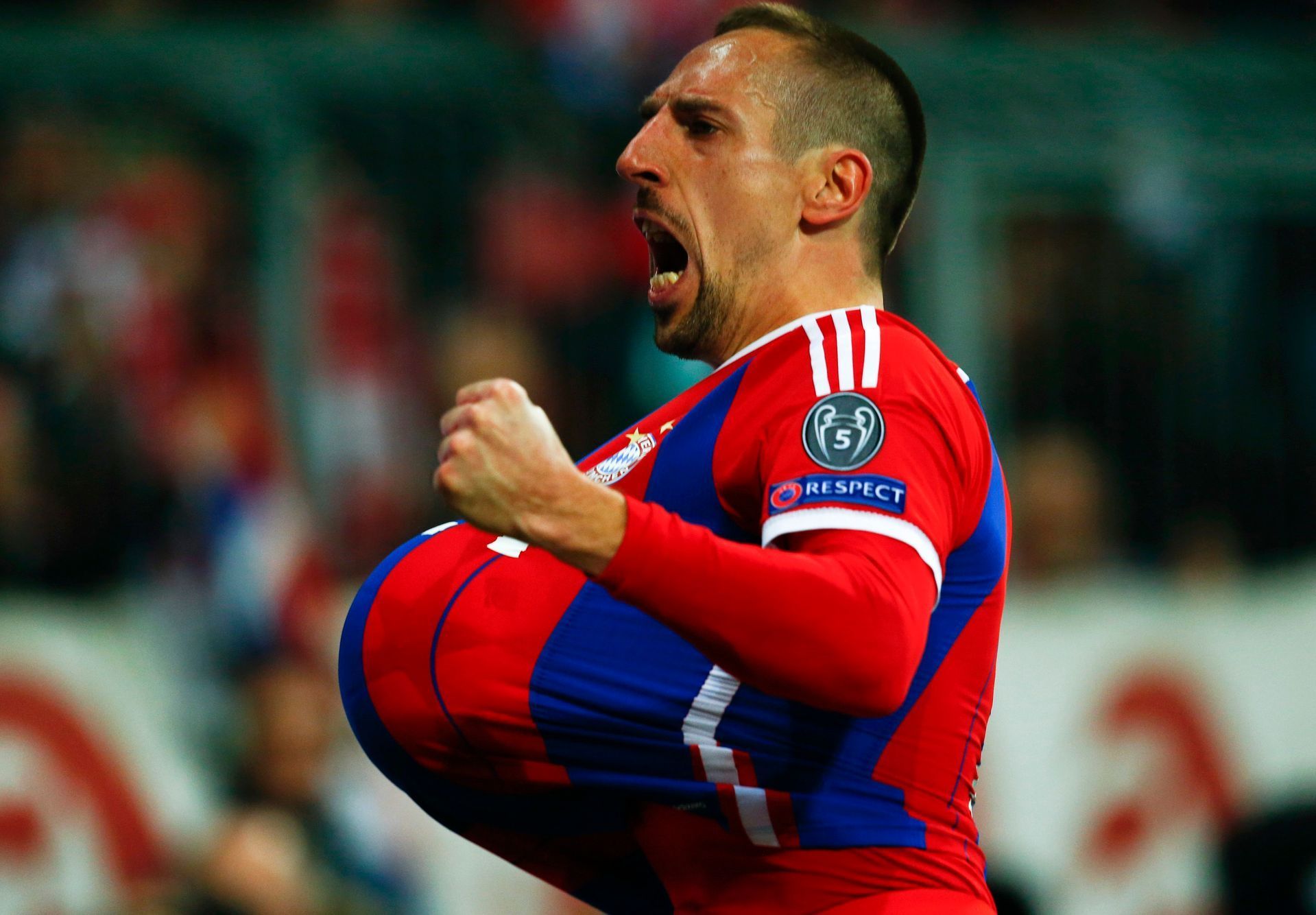 Bayern Munich's Ribery celebrates after scoring a goal against Shakhtar Donetsk during their Champions League Round of 16 second leg soccer match in Munich