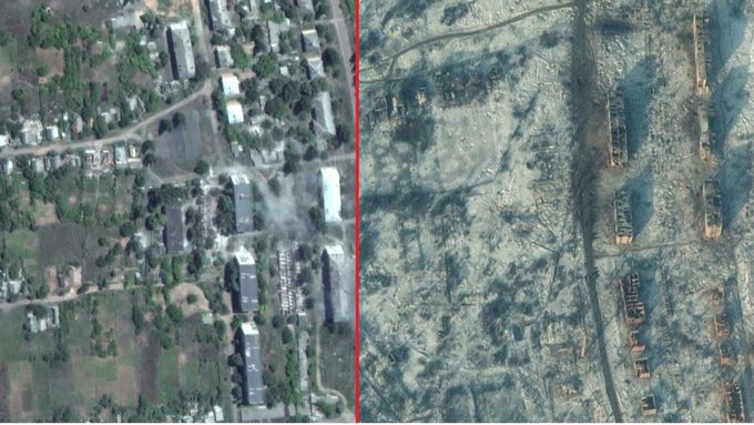 Satelitní snímky ukazují zkázu v ukrajinském Soledaru