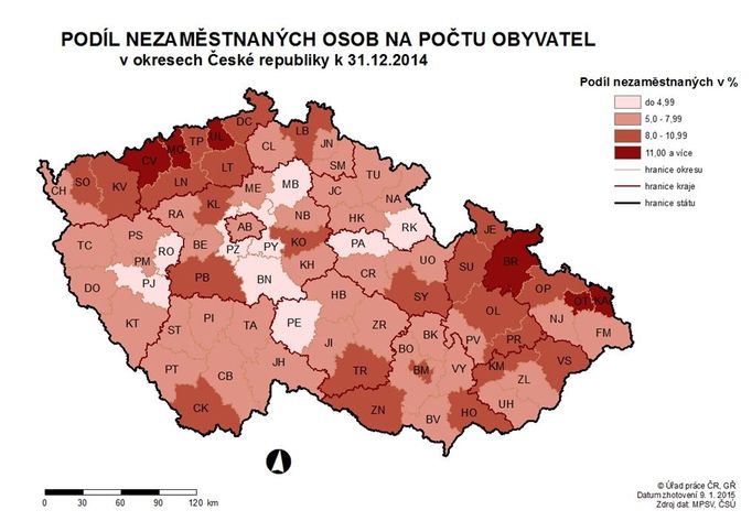 Nezaměstnanost podle okresů v prosinci 2014