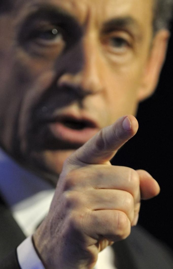 France's President and UMP party candidate for the 2012 French presidential elections Sarkozy delivers a speech during a campaign rally