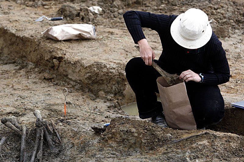 Odkrývání hrobu v Dobroníně