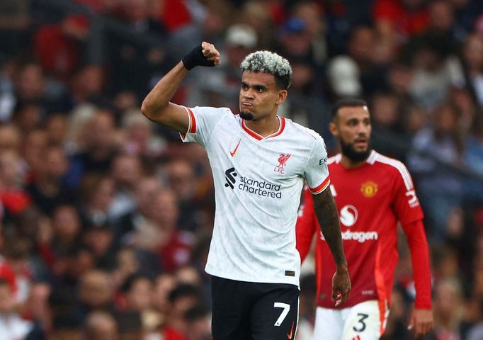 Soccer Football - Premier League - Manchester United v Liverpool - Old Trafford, Manchester, Britain - September 1, 2024 Liverpool's Luis Diaz celebrates scoring their se