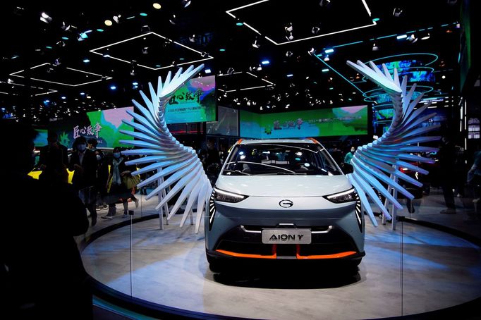 A GAC Aion Y electric vehicle (EV) is seen displayed at the booth of GAC Group during a media day for the Auto Shanghai show in Shanghai, China April 19, 2021. REUTERS/Al