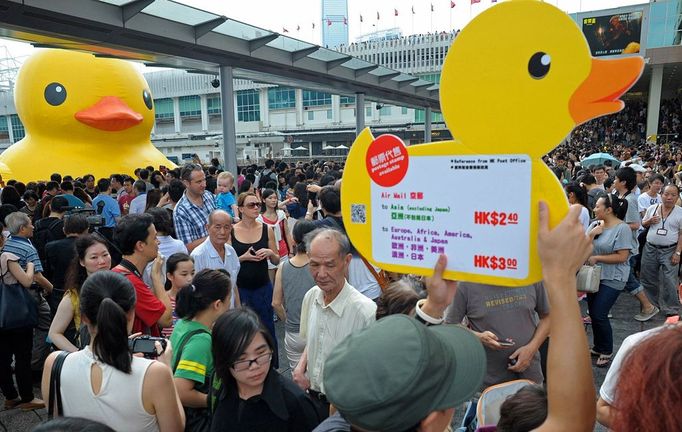 Thousands of people crowd the waterfront on the last day to see a giant duck (L), conceived by Dutch artist Florentijn Hofman, in Hong Kong on June 9, 2013. Thousands said farewell to the giant inflatable yellow rubber duck which has captivated Hong Kong for the past month, before it heads to the United States.