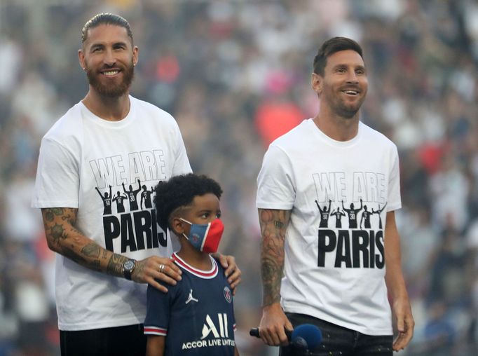 Soccer Football - Ligue 1 - Paris St Germain v RC Strasbourg - Parc des Princes, Paris, France - August 14, 2021  Paris St Germain's Sergio Ramos and Lionel Messi are pre