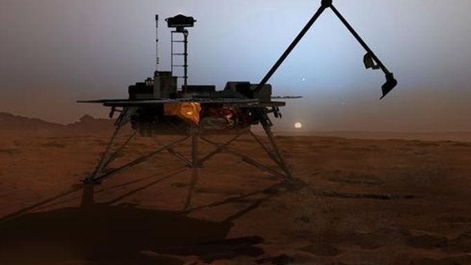 Sonda Phoenix na povrchu Marsu v představě malíře.