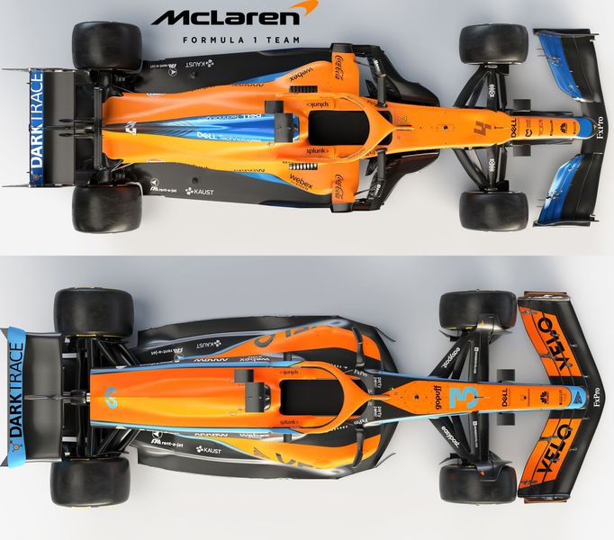 Porovnání monopostů F1 McLaren z roku 2021 (nahoře) a 2022