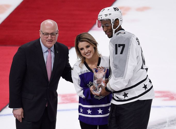 NHL ALL Star Game 2017. Recording artist Courtney Daniels and NHL deputy commissioner Bill Daly and Wayne Simmonds