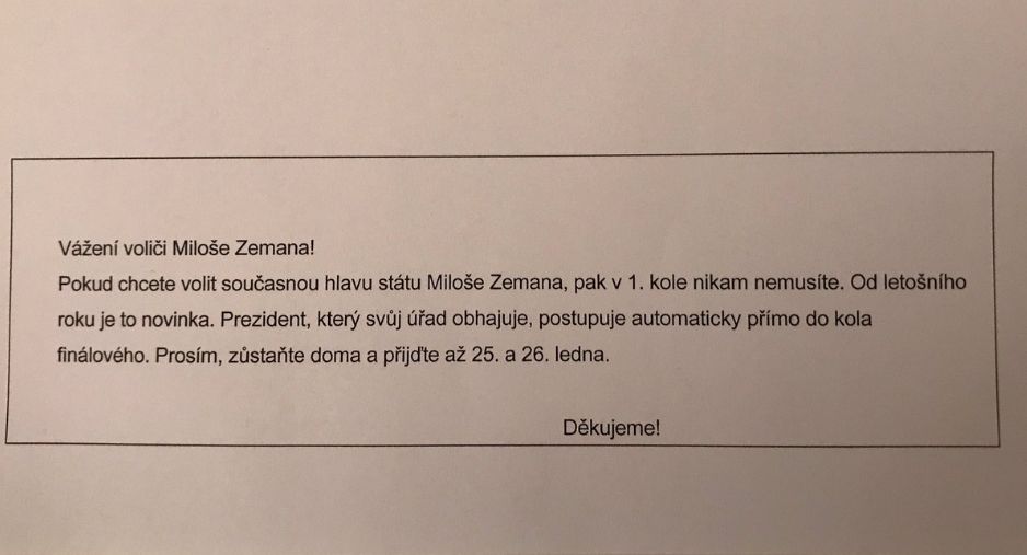 Leták určený stoupencům prezidenta Miloše Zemana