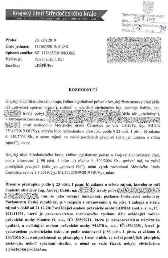 Úvodní strana rozhodnutí ve věci údajného střetu zájmů Andreje Babiše. | Foto: KÚ Středočeského kraje