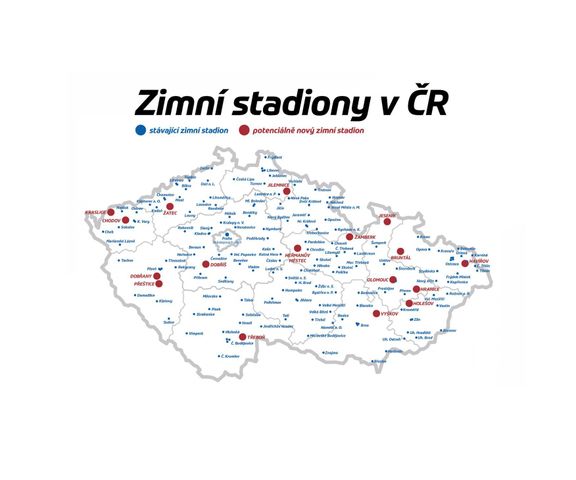Podívejte se na mapu hokejových stadionů v Česku. Červeně jsou vyznačeny nově chystané projekty nízkonákladových zimních stadionů, s jejíchž výstavbou pomáhá ČSLH.