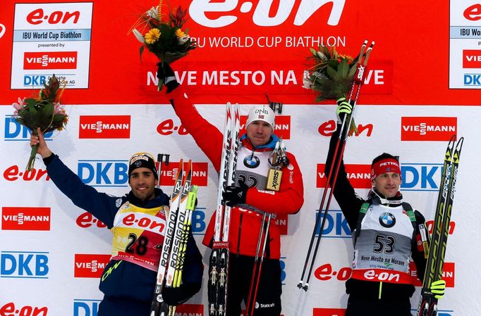 MS v biatlonu 2013,sprint: Martin Fourcade, Emil Hegle Svendsen a  Jakov Fak