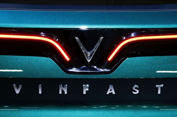 The logo of VinFast is pictured at the 2022 Paris Auto Show in Paris, France October 17, 2022. REUTERS/Stephane Mahe