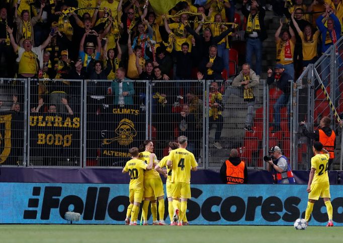 Radost fotbalistů Bodö/Glimt v zápase proti Slavii v Lize mistrů