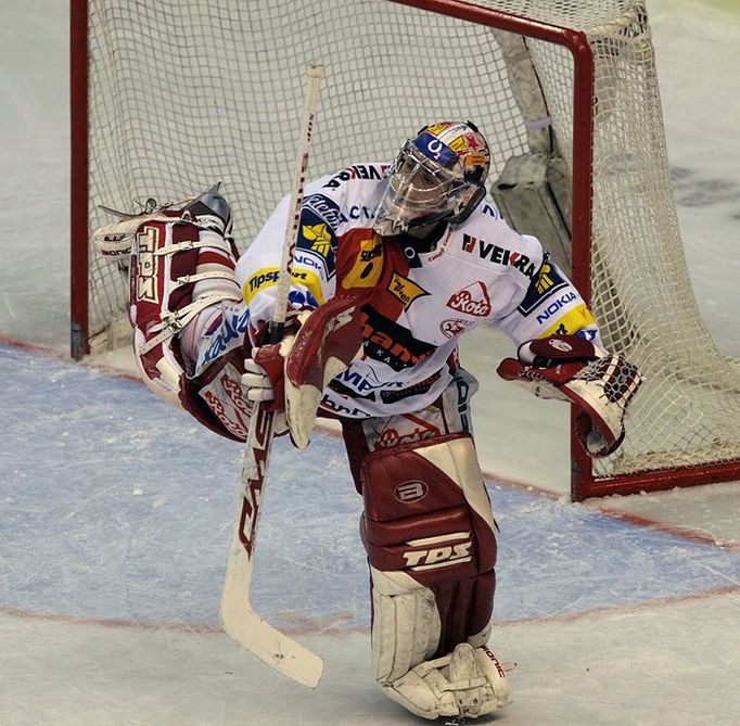 Ladný zákrok Adama Svobody (HC Slavia Praha).