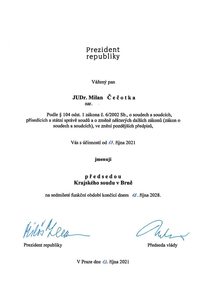 Podpis prezidenta Miloše Zemana ke jmenování nového předsedy Krajského soudu v Brně ke 13. října 2021.