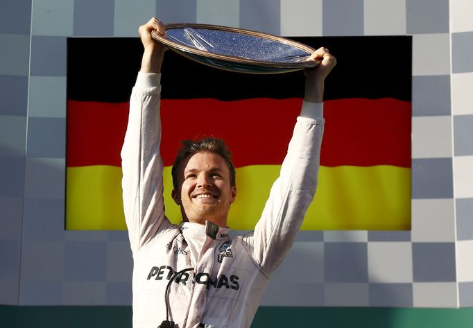 Mercedes F1 driver Nico Rosberg on the podium after winning the Australian Formula One Grand Prix in Melbourne. REUTERS/Jason Reed