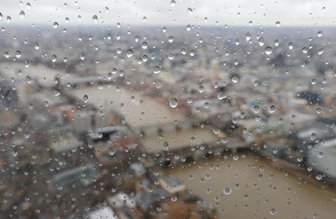 Raindrops rest on the windows of the viewing platform at the Shard which opened to the public today, in London