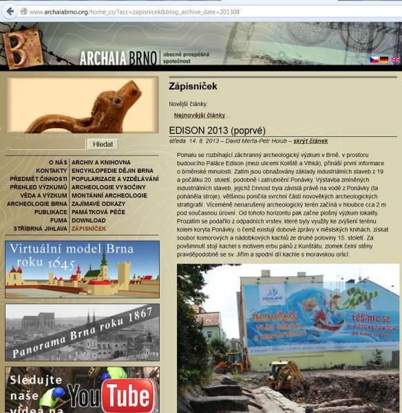 Cena NPÚ Patrimonium pro futuro (nominace) - Sekce Zápisníček na internetových stránkách Archaia Brno, o. p. s.