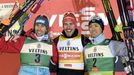 Second-placed Wilhelm Denifl of Austria, winner Johannes Rydzek of Germany and third-placed Akito Watabe of Japan